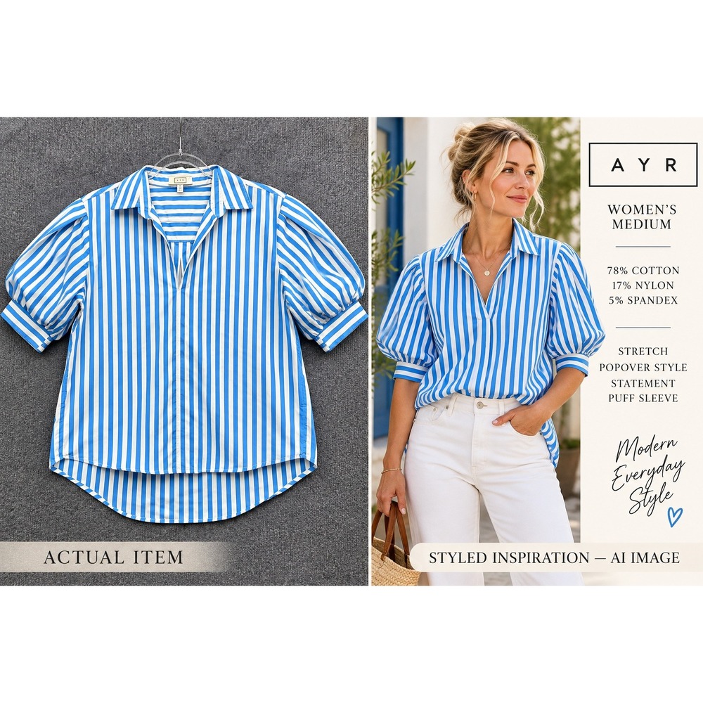 AYR Striped Popover Top Womens Medium Blue White Puff Sleeve V-Neck M Excellent
